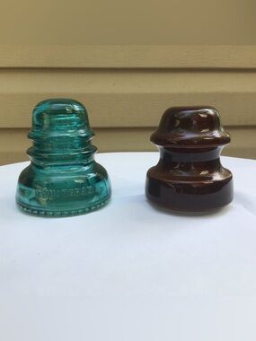 Two VTG Insulators. Aqua Hemingray Glass & Brown Ceramic